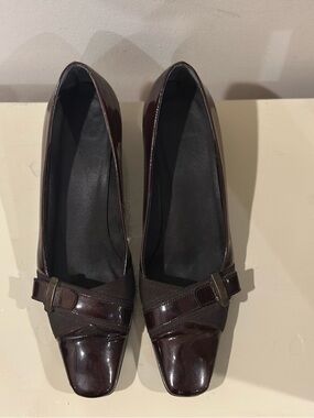 Stuart Weitzman Flip Heel Patent Square-Toe Pumps in Dark Brown